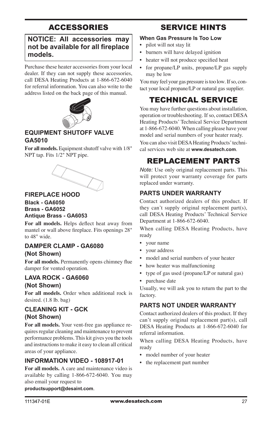 Accessories, Service hints, Technical service | Replacement parts | Desa CDL3924PT User Manual | Page 27 / 32