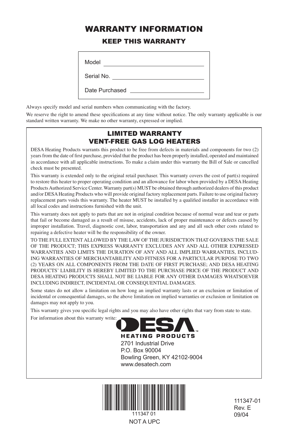 Warranty information, Keep this warranty, Limited warranty vent-free gas log heaters | Desa CDL3924PT User Manual | Page 32 / 32