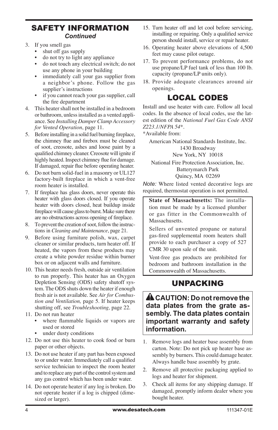 Local codes, Unpacking, Safety information | Desa CDL3924PT User Manual | Page 4 / 32