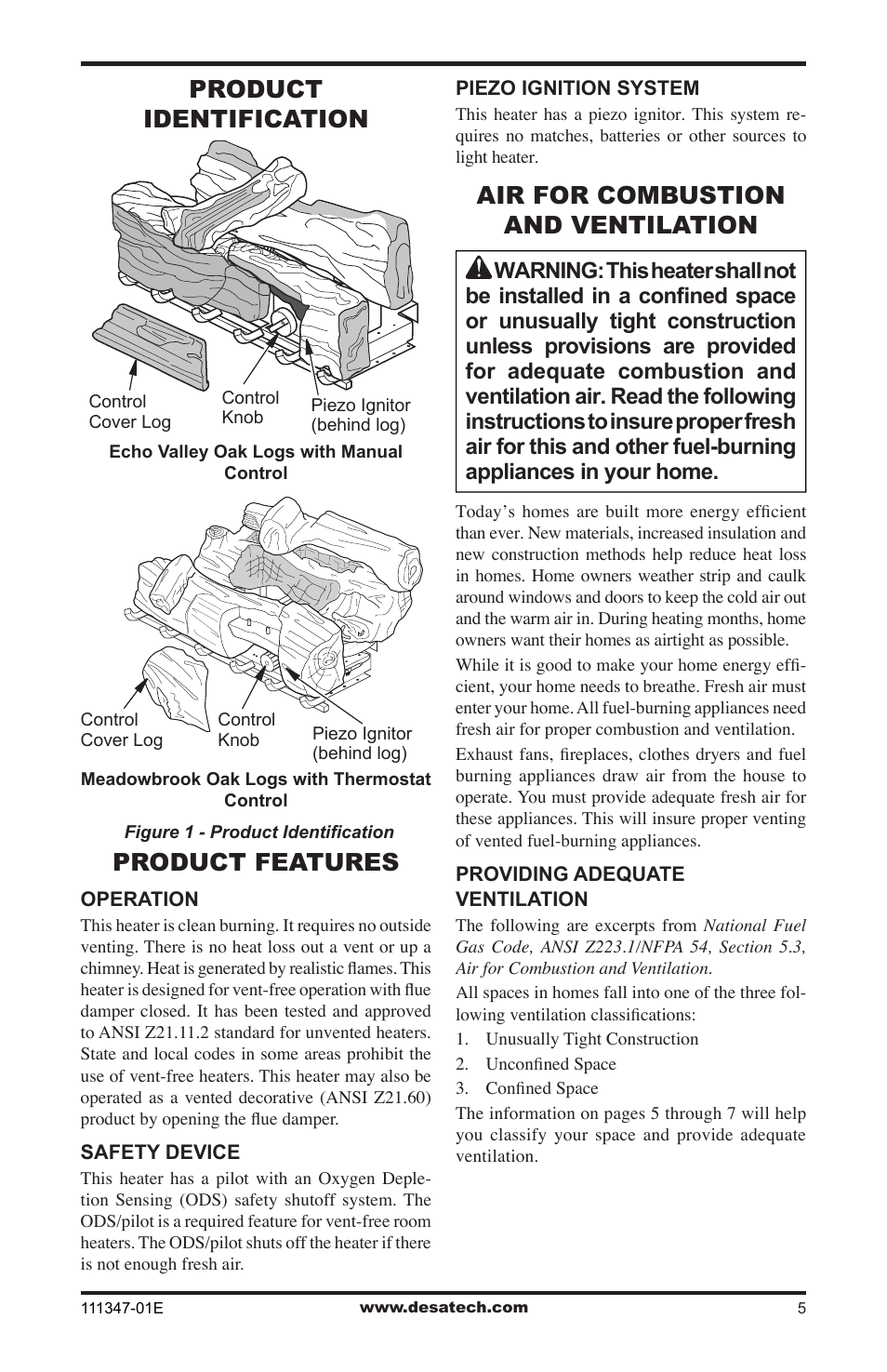 Product identification, Product features, Air for combustion and ventilation | Desa CDL3924PT User Manual | Page 5 / 32