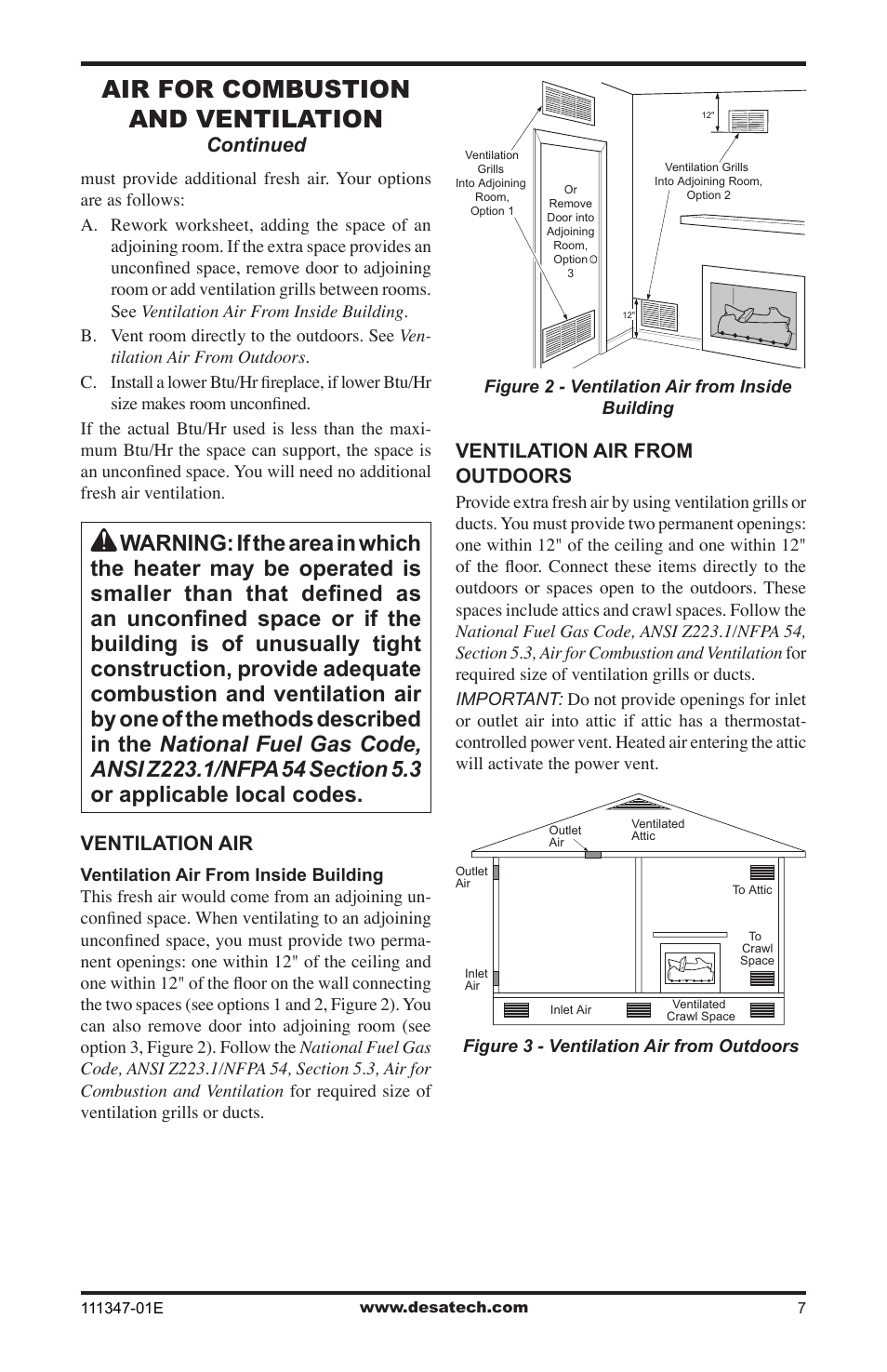 Air for combustion and ventilation, Continued, Ventilation air | Ventilation air from outdoors | Desa CDL3924PT User Manual | Page 7 / 32