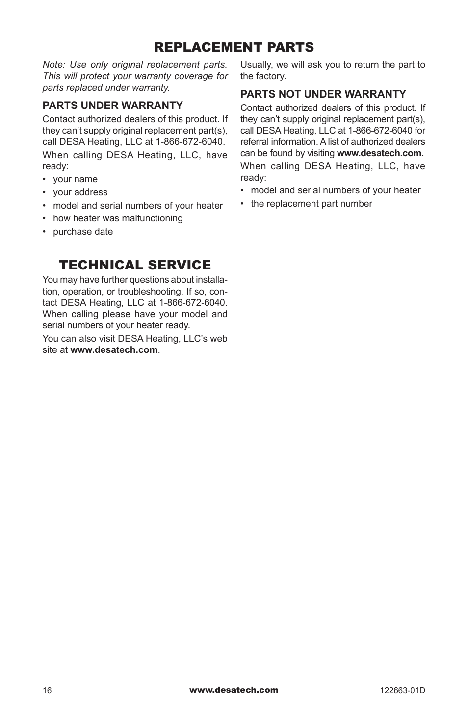 Replacement parts, Technical service | Desa EL36L User Manual | Page 16 / 20