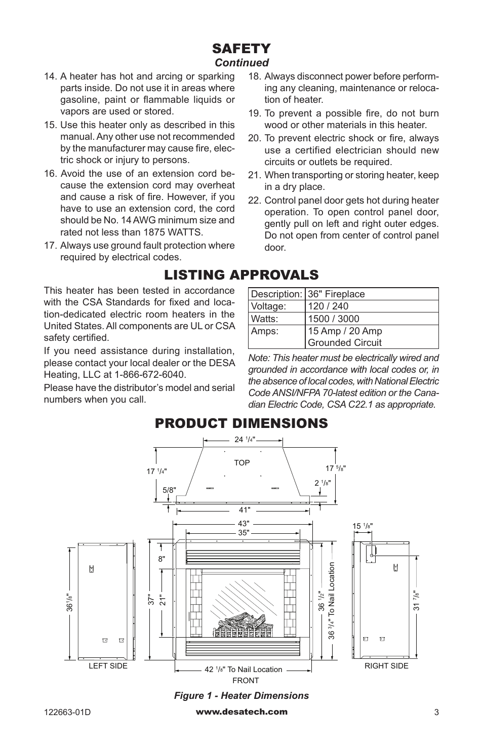 Listing approvals, Product dimensions, Safety | Continued | Desa EL36L User Manual | Page 3 / 20