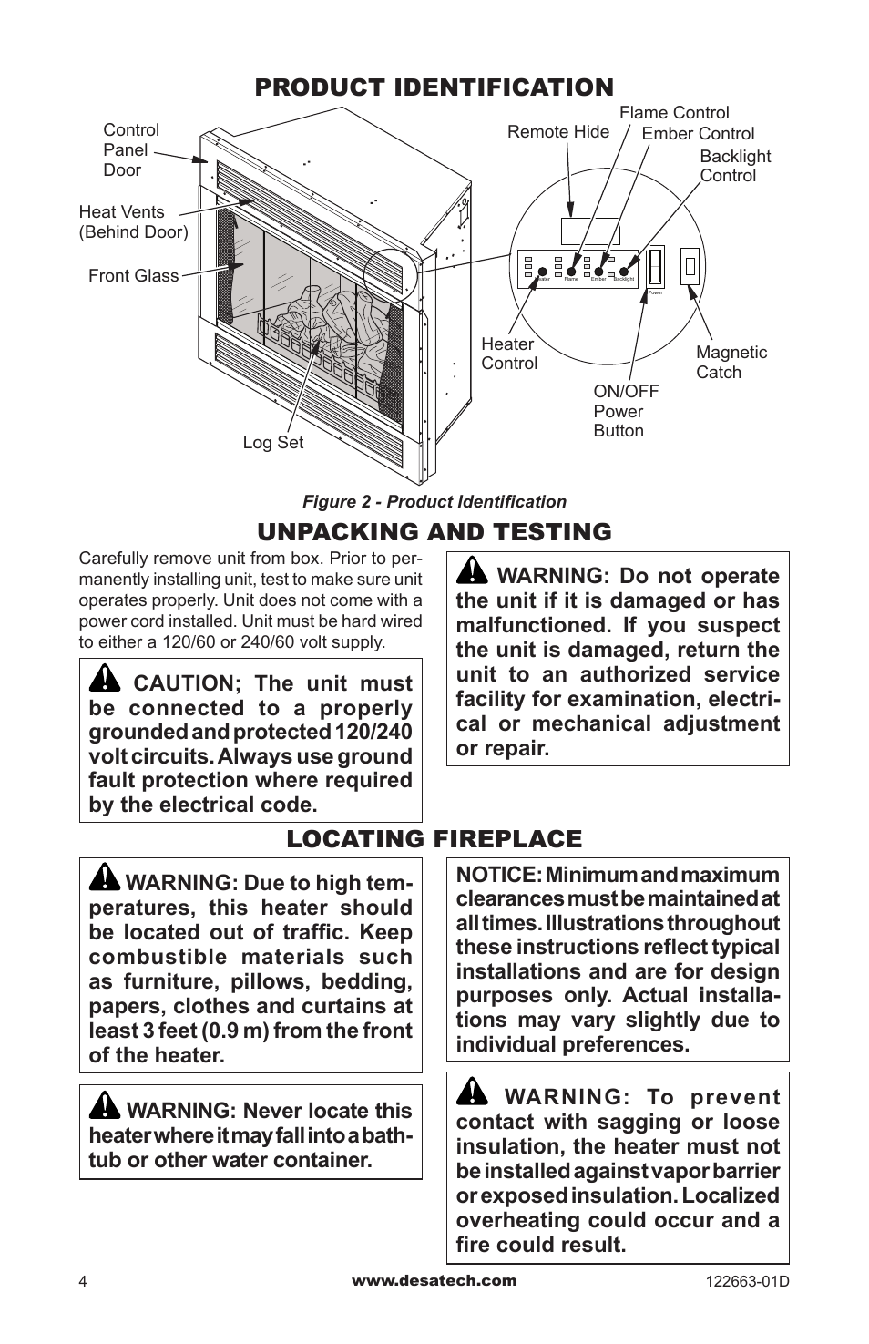 Product identification, Unpacking and testing, Locating fireplace | Unpacking and testing locating fireplace | Desa EL36L User Manual | Page 4 / 20