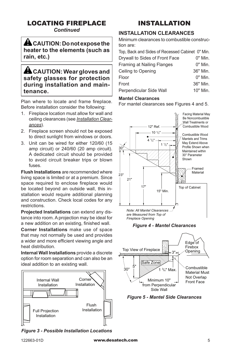 Locating fireplace, Installation, Continued | Installation clearances | Desa EL36L User Manual | Page 5 / 20