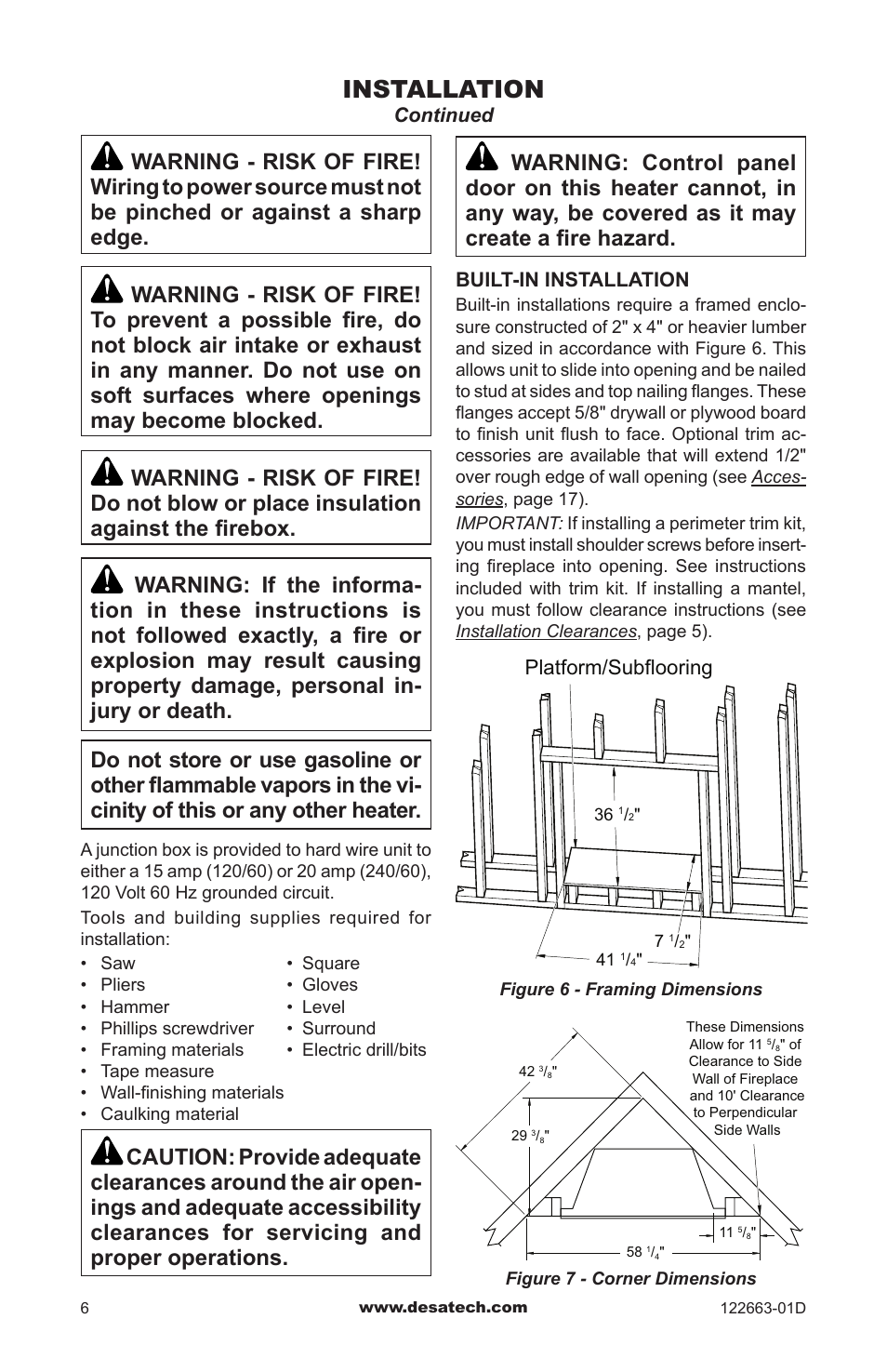 Installation, Platform/subflooring | Desa EL36L User Manual | Page 6 / 20