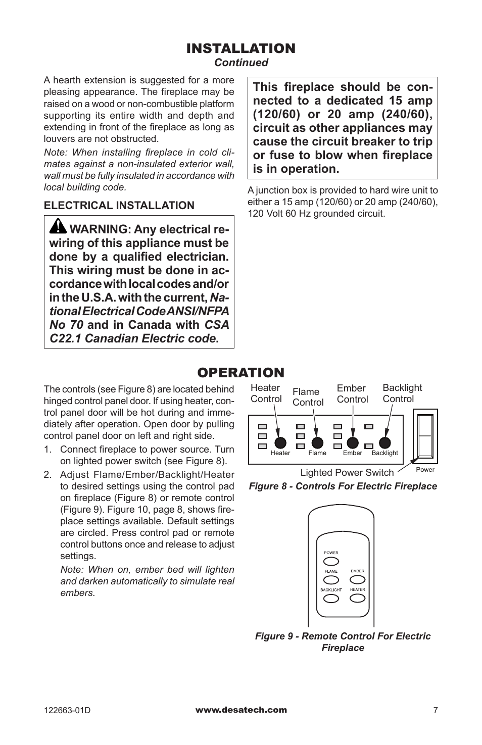 Operation, Installation | Desa EL36L User Manual | Page 7 / 20