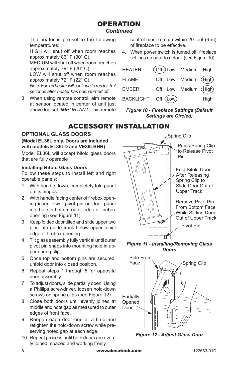 Accessory installation, Operation | Desa EL36L User Manual | Page 8 / 20