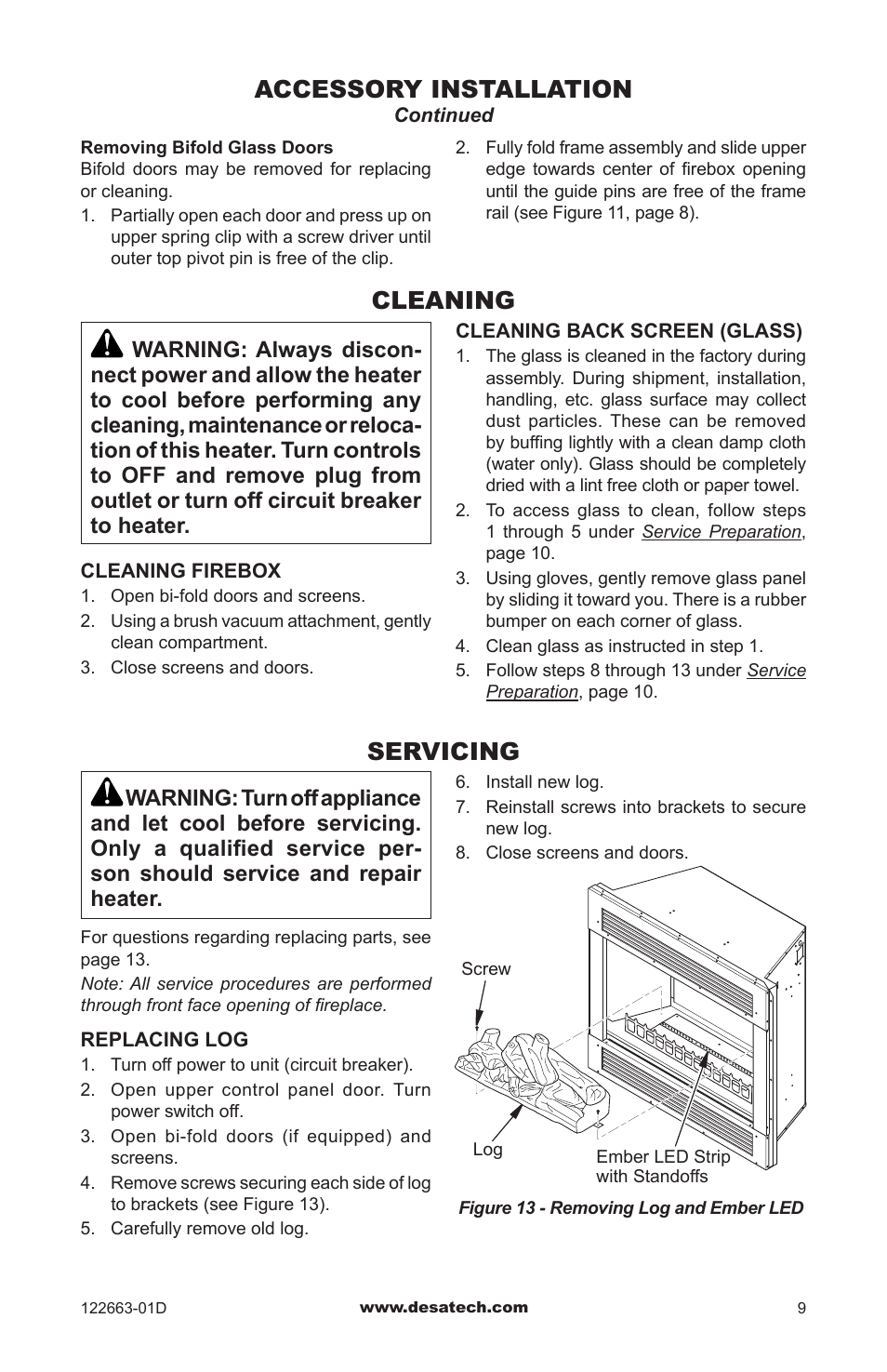 Cleaning, Servicing, Accessory installation | Desa EL36L User Manual | Page 9 / 20