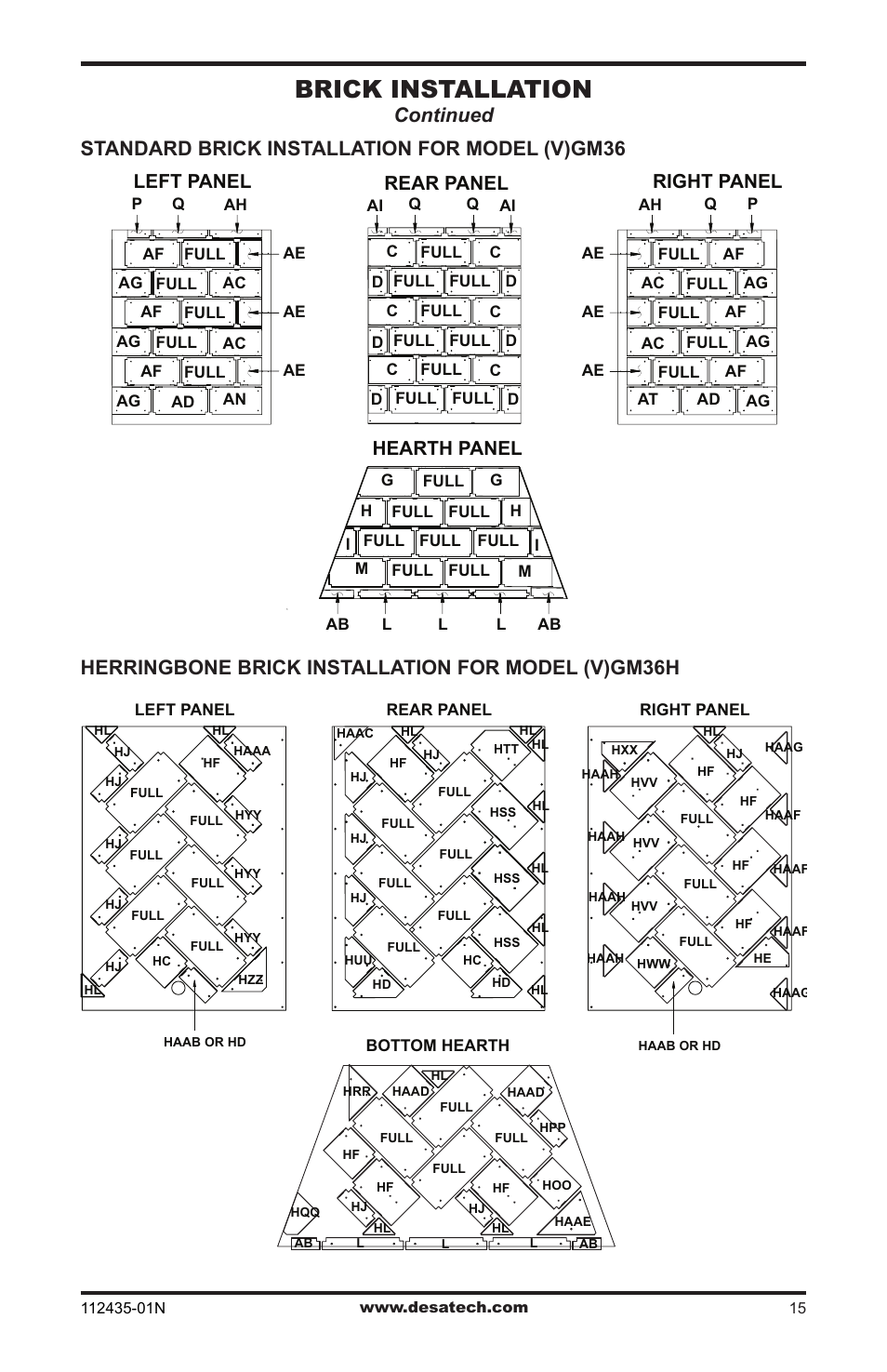 Brick installation, Standard brick installation for model (v)gm36, Left panel rear panel right panel hearth panel | Desa (V)gM36 User Manual | Page 15 / 28