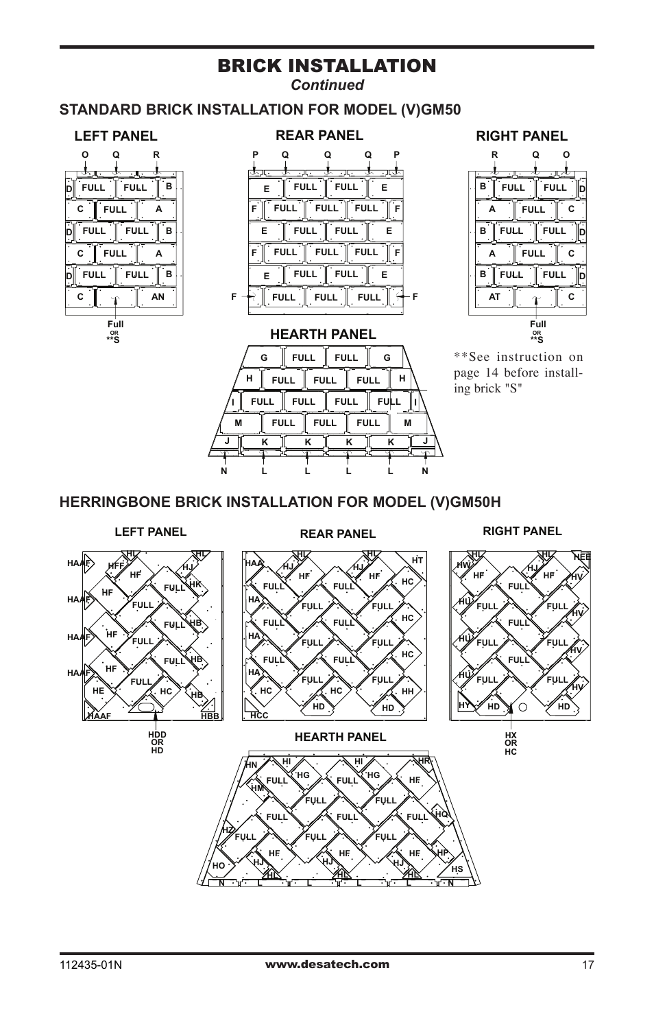 Brick installation, Standard brick installation for model (v)gm50, Herringbone brick installation for model (v)gm50h | Continued, Rear panel right panel hearth panel, Left panel, Rear panel hearth panel right panel left panel | Desa (V)gM36 User Manual | Page 17 / 28