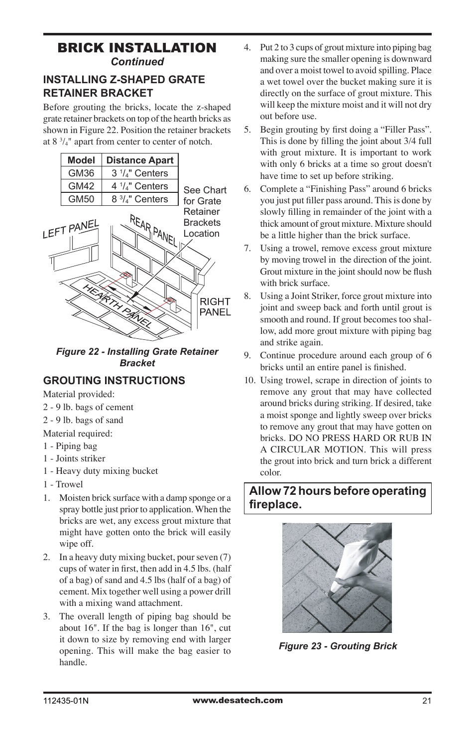 Brick installation, Allow 72 hours before operating fireplace | Desa (V)gM36 User Manual | Page 21 / 28
