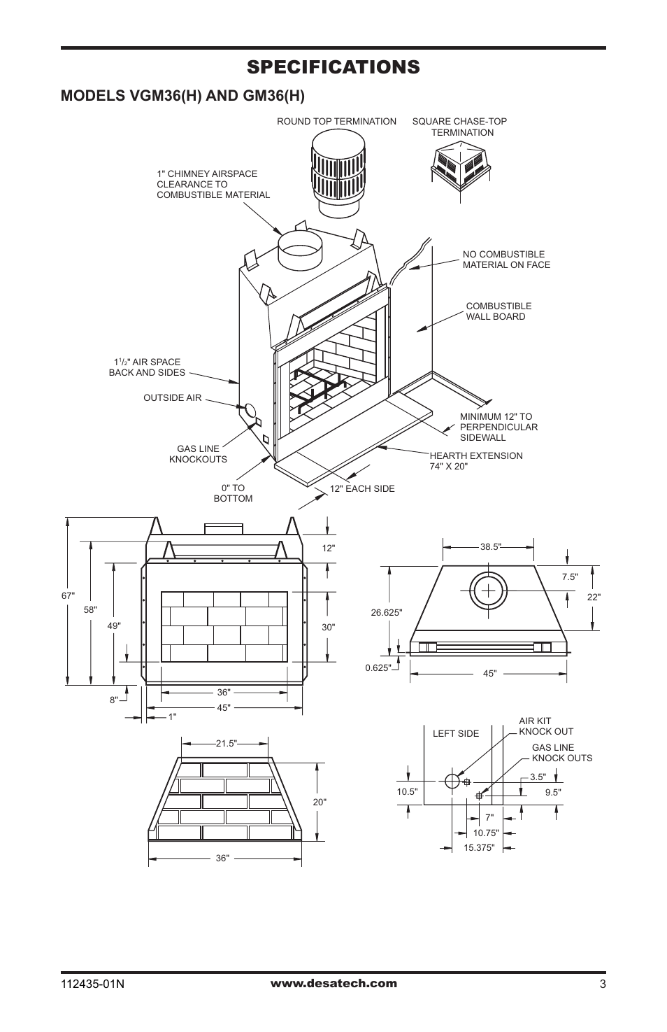 Specifications, Models vgm36(h) and gm36(h) | Desa (V)gM36 User Manual | Page 3 / 28