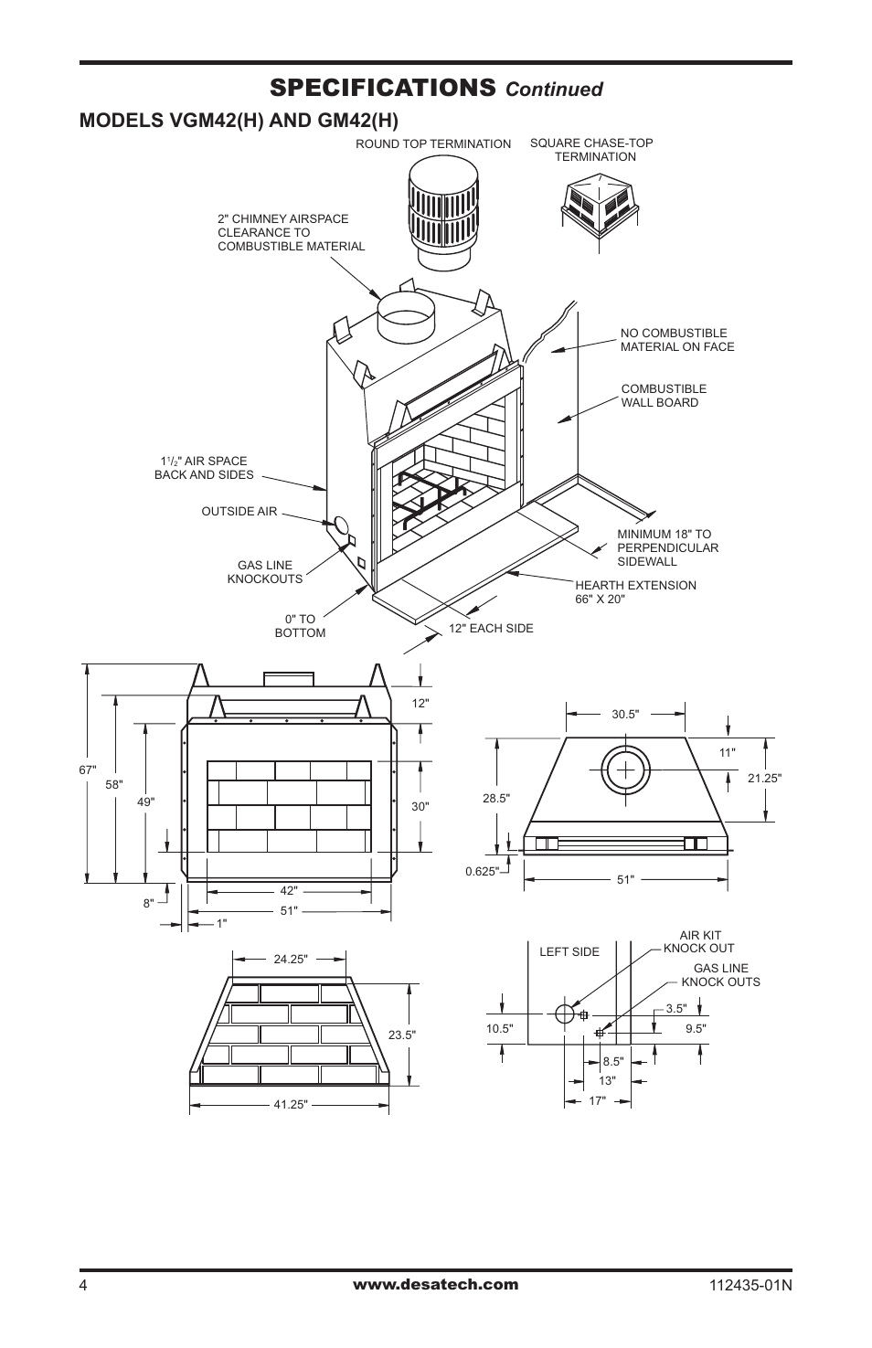 Specifications, Continued models vgm42(h) and gm42(h) | Desa (V)gM36 User Manual | Page 4 / 28