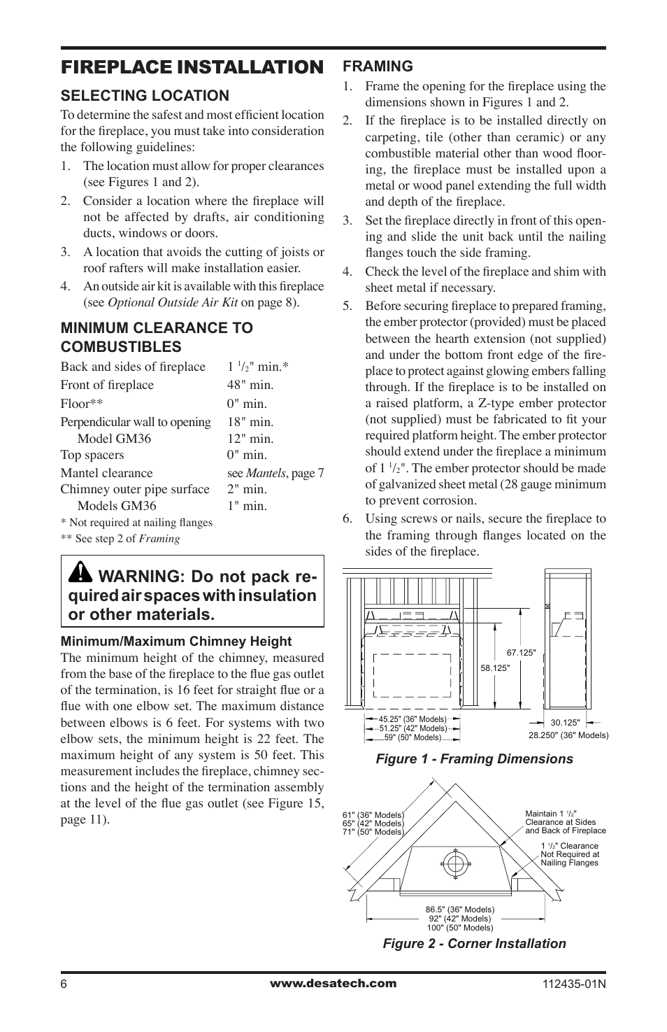Fireplace installation, Selecting location, Minimum clearance to combustibles | Framing | Desa (V)gM36 User Manual | Page 6 / 28