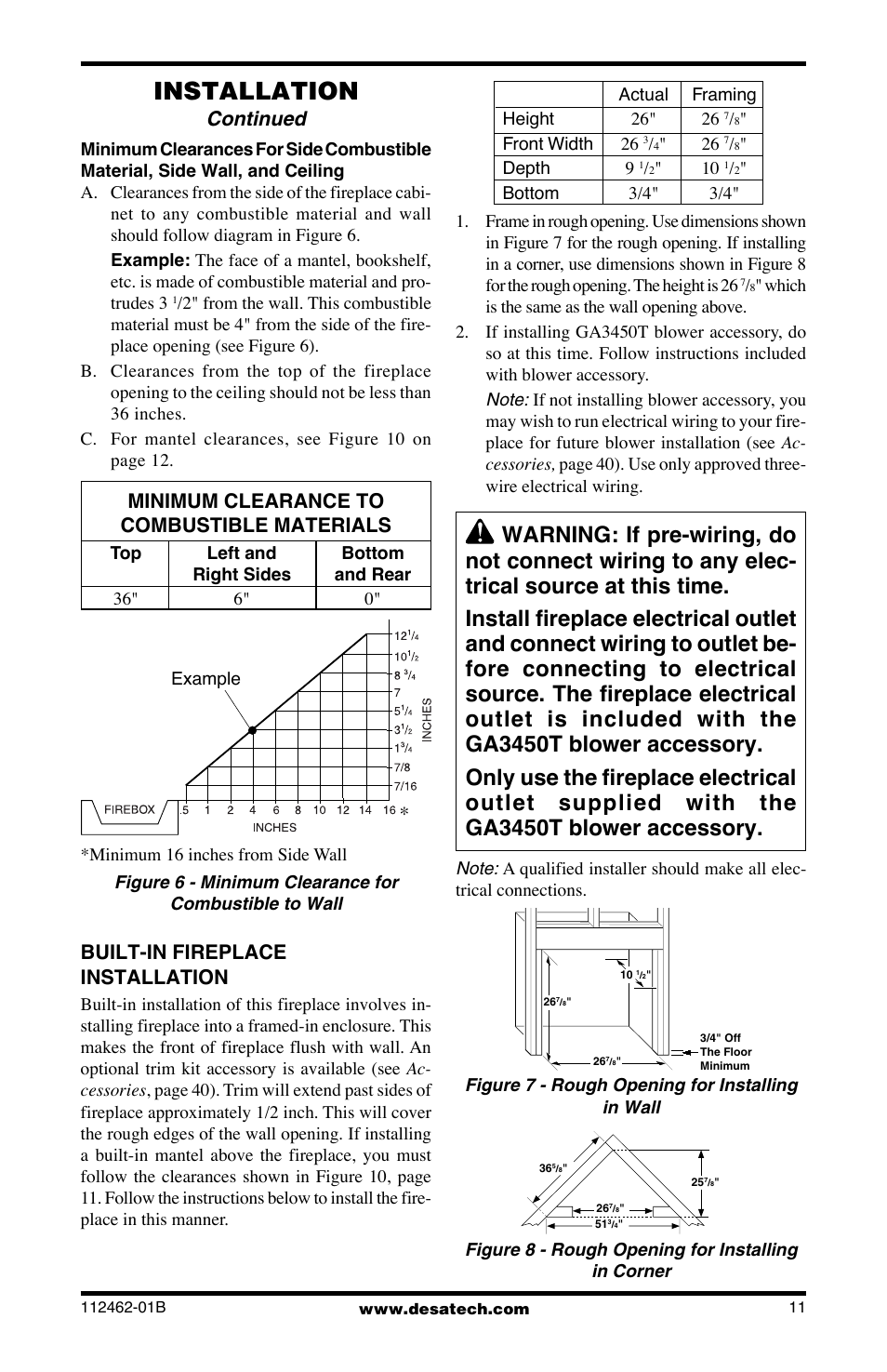 Installation, Continued, Minimum clearance to combustible materials | Built-in fireplace installation | Desa VMH10TNC User Manual | Page 11 / 44