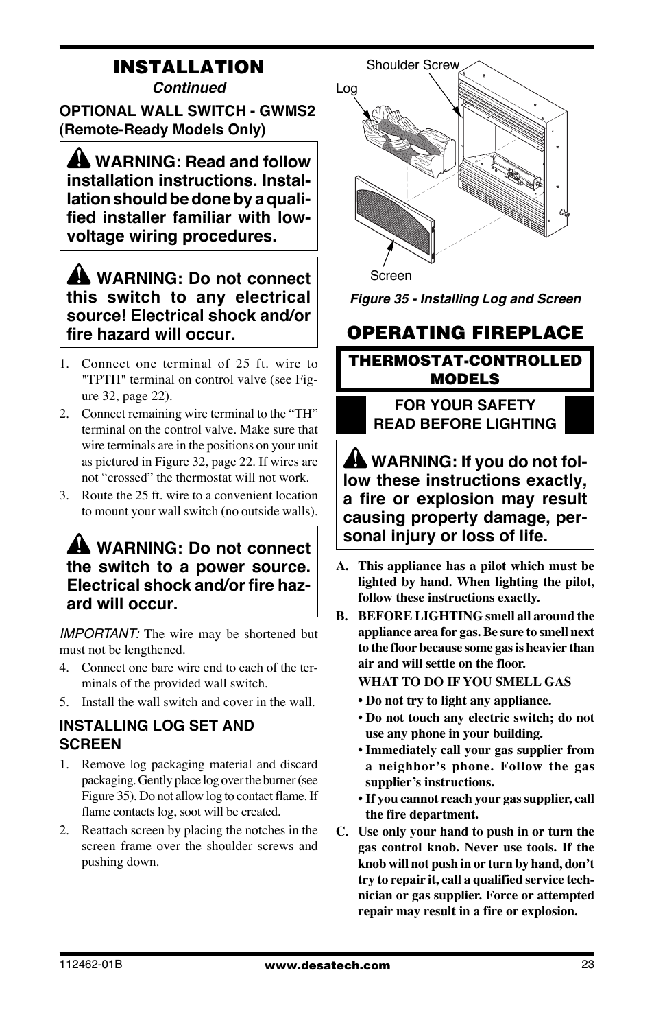 Installation, Operating fireplace | Desa VMH10TNC User Manual | Page 23 / 44