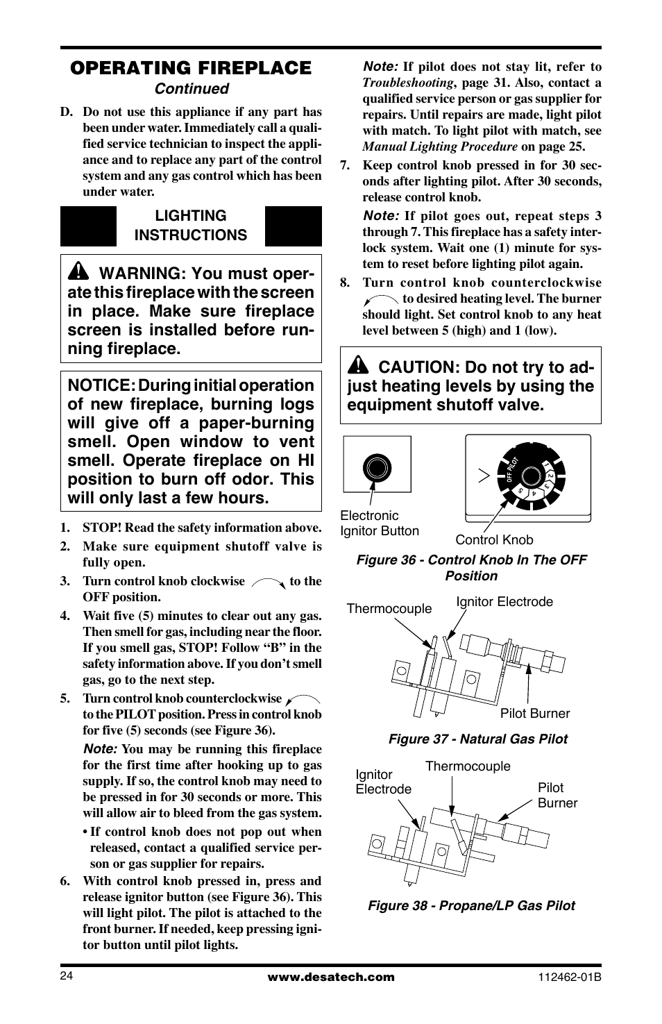 Operating fireplace | Desa VMH10TNC User Manual | Page 24 / 44