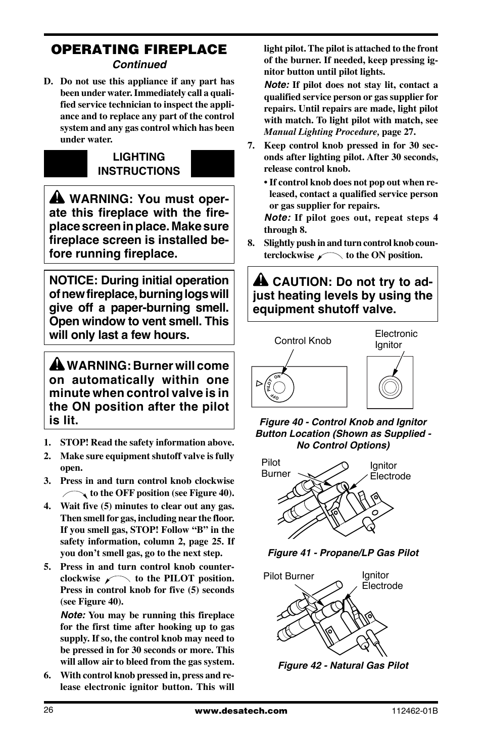 Operating fireplace, Continued | Desa VMH10TNC User Manual | Page 26 / 44