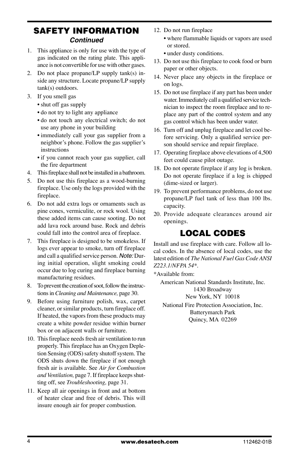 Safety information, Local codes | Desa VMH10TNC User Manual | Page 4 / 44