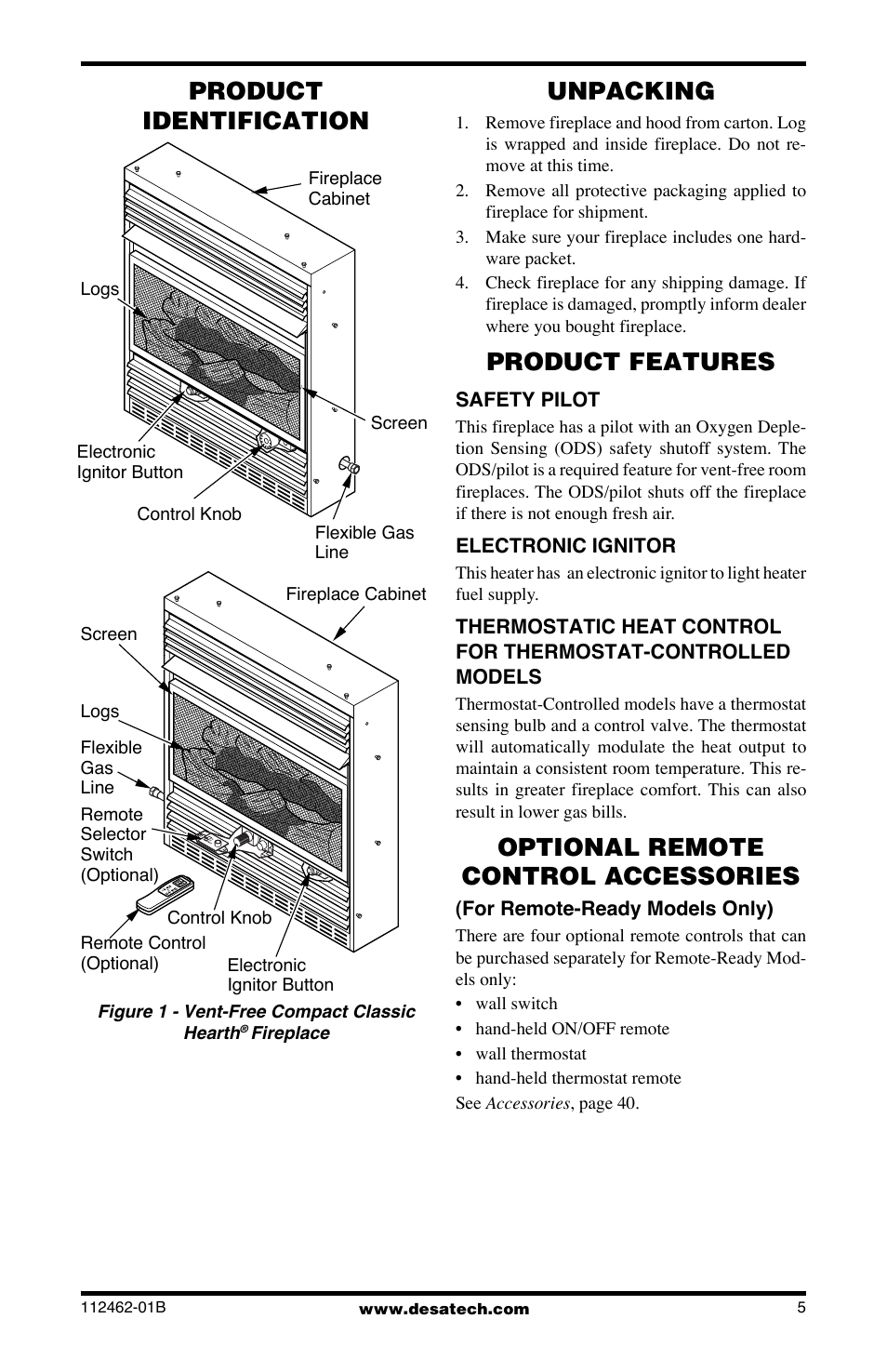 Product identification, Unpacking, Product features | Optional remote control accessories | Desa VMH10TNC User Manual | Page 5 / 44