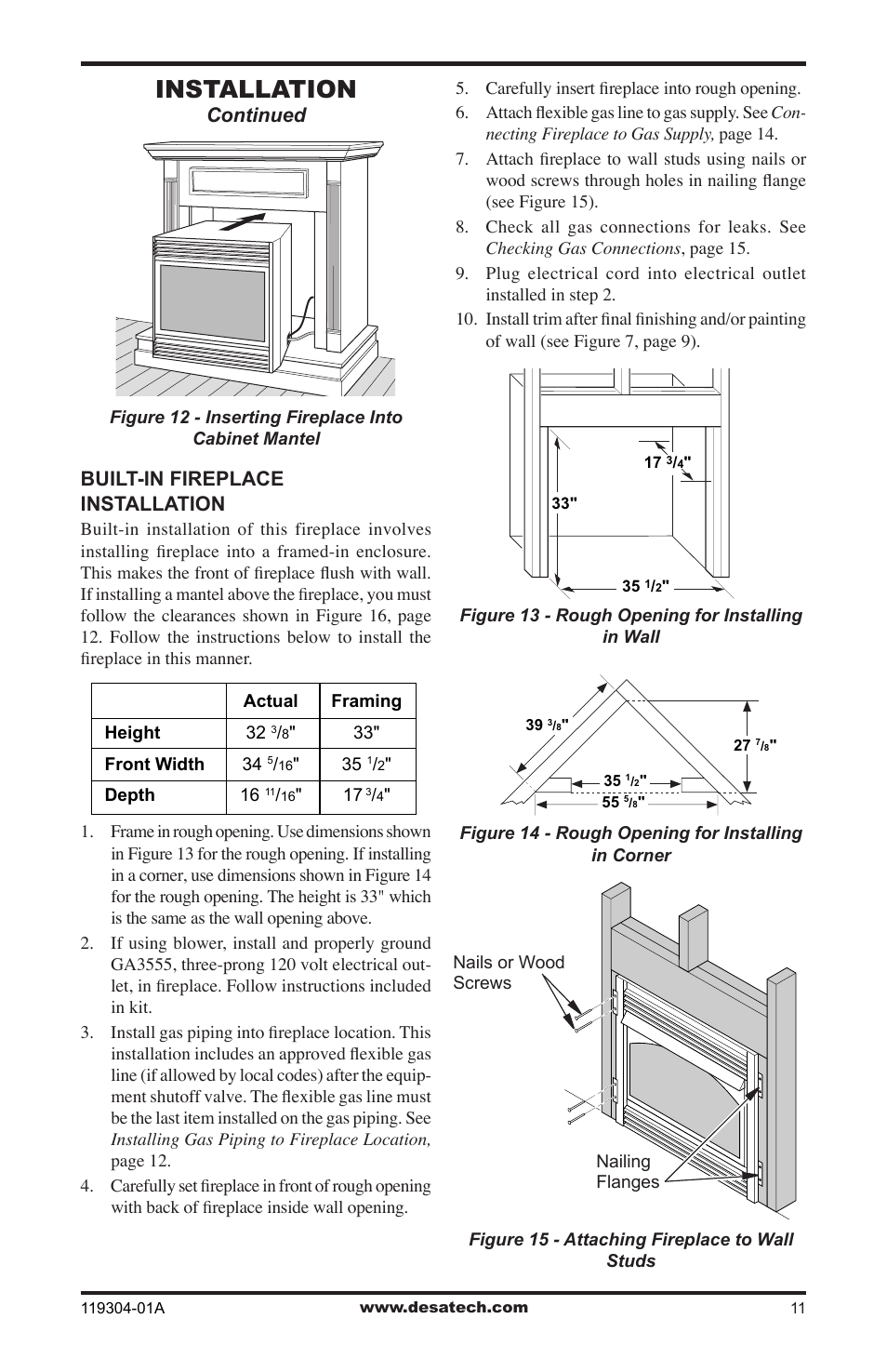 Installation, Continued, Built-in fireplace installation | Desa VSGF33NRC User Manual | Page 11 / 36