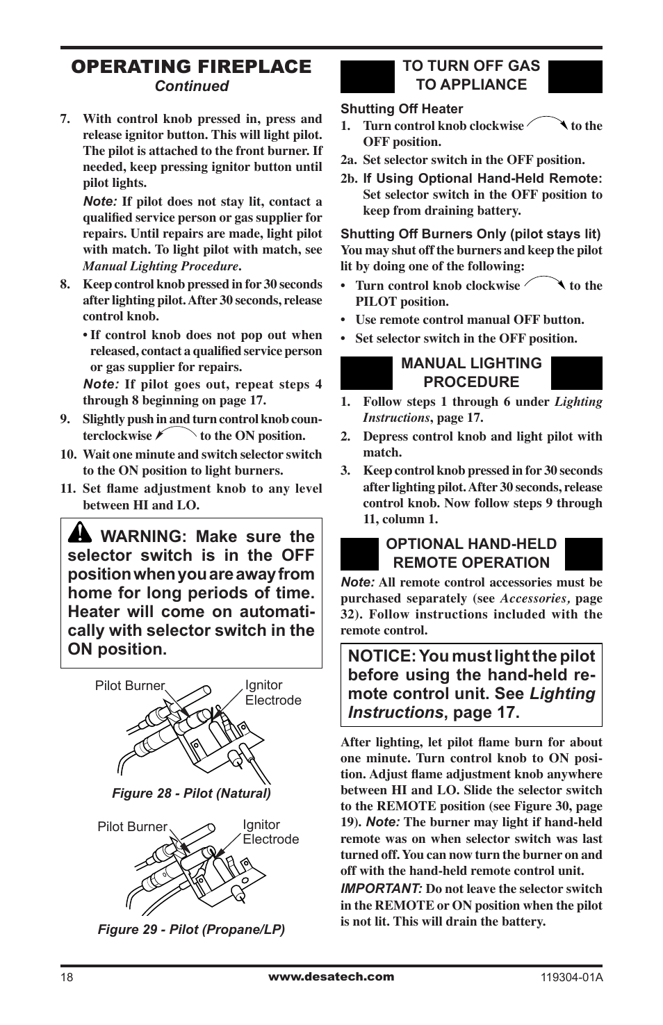 Operating fireplace | Desa VSGF33NRC User Manual | Page 18 / 36