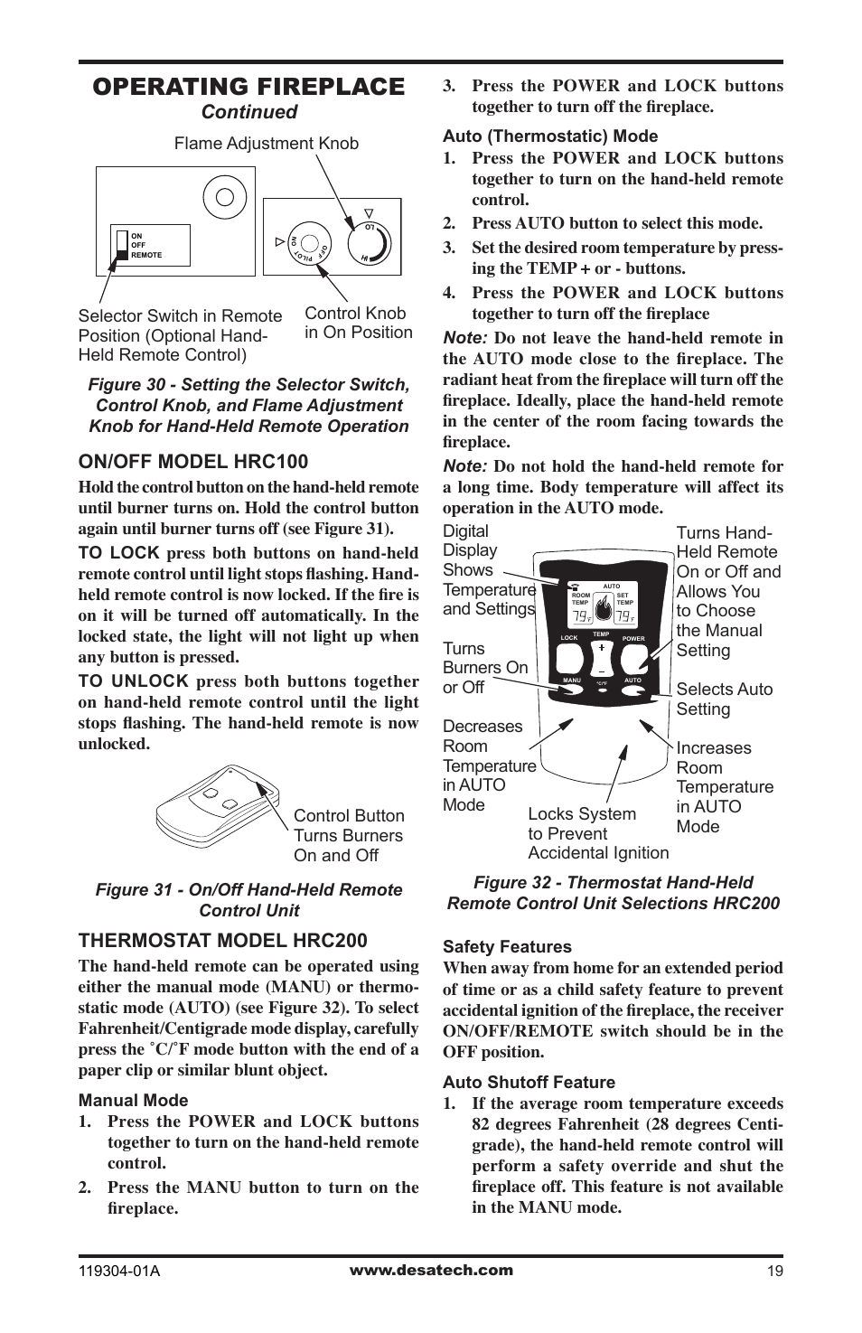 Operating fireplace, Continued on/off model hrc100, Thermostat model hrc200 | Desa VSGF33NRC User Manual | Page 19 / 36