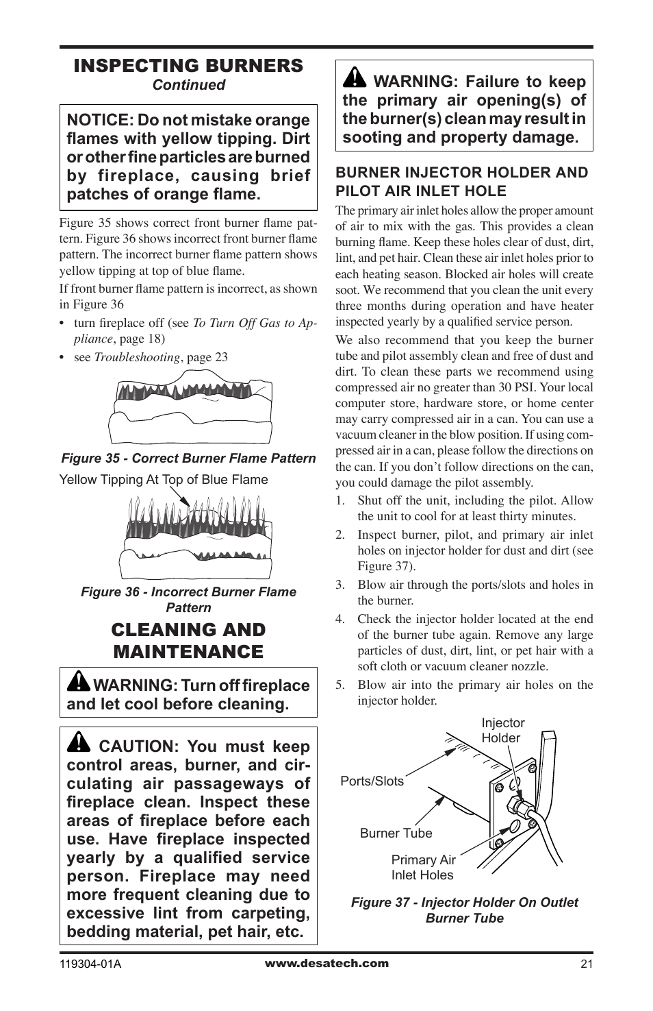 Cleaning and maintenance, Inspecting burners | Desa VSGF33NRC User Manual | Page 21 / 36