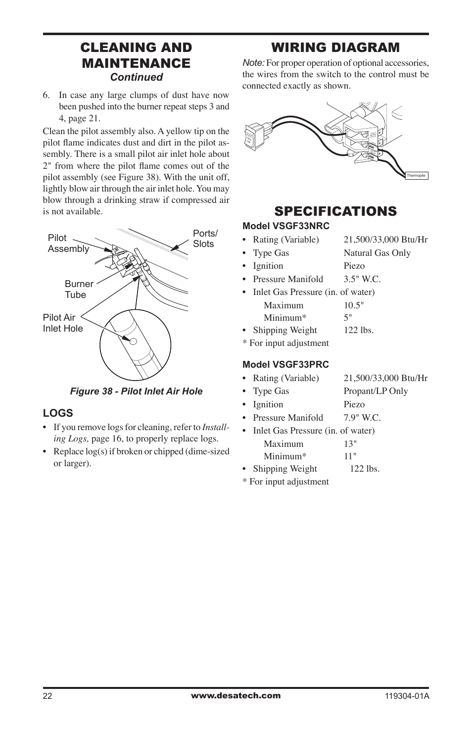 Wiring diagram, Specifications, Cleaning and maintenance | Desa VSGF33NRC User Manual | Page 22 / 36