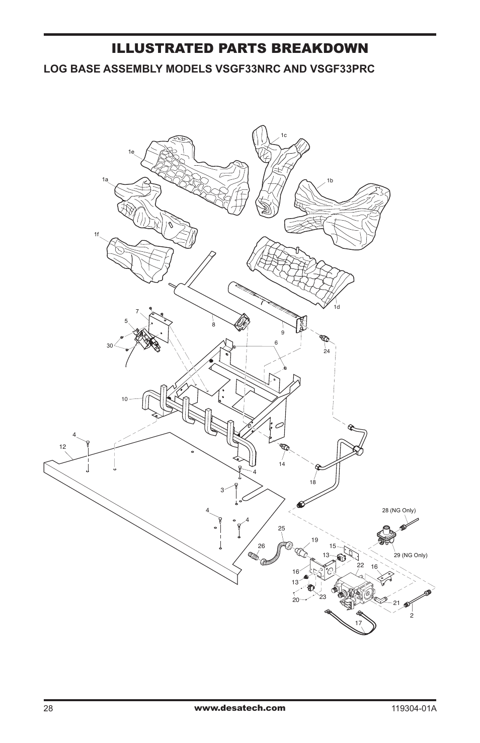 Illustrated parts breakdown and parts list, Illustrated parts breakdown, Log base assembly models vsgf33nrc and vsgf33prc | Desa VSGF33NRC User Manual | Page 28 / 36