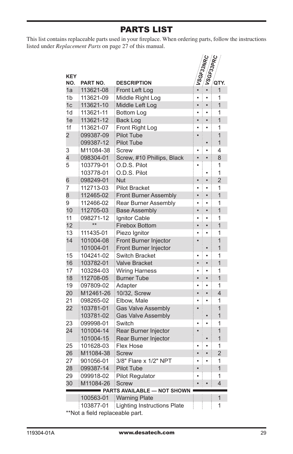 Parts list | Desa VSGF33NRC User Manual | Page 29 / 36