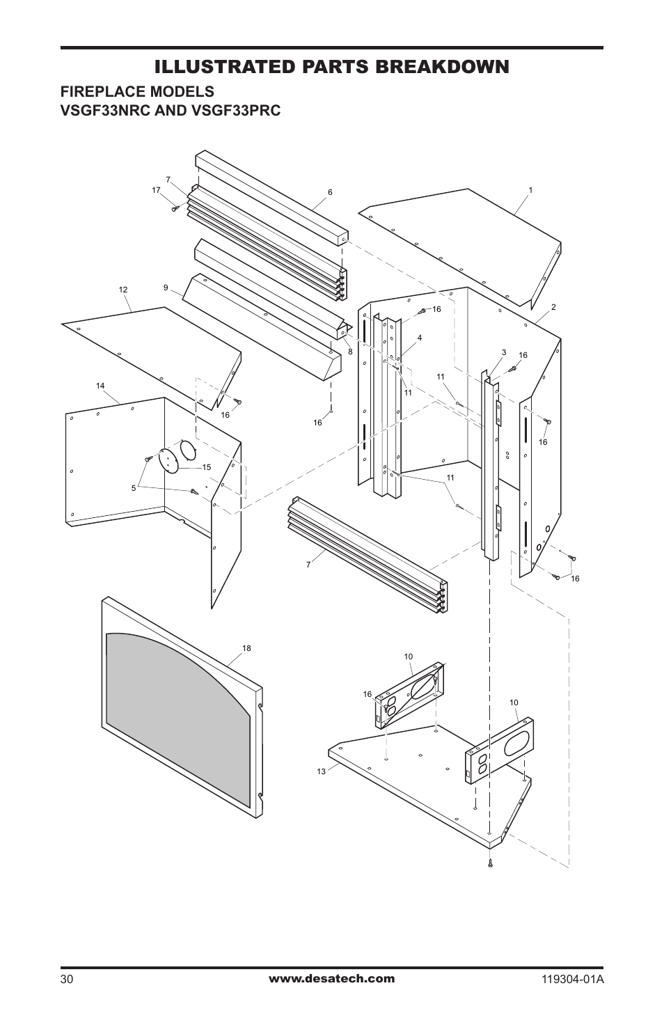 Illustrated parts breakdown, Fireplace models vsgf33nrc and vsgf33prc | Desa VSGF33NRC User Manual | Page 30 / 36