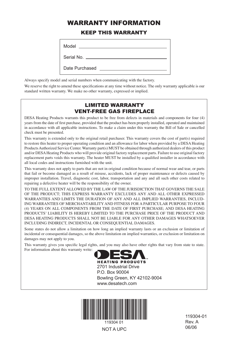 Warranty information, Keep this warranty, Limited warranty vent-free gas fireplace | Desa VSGF33NRC User Manual | Page 36 / 36