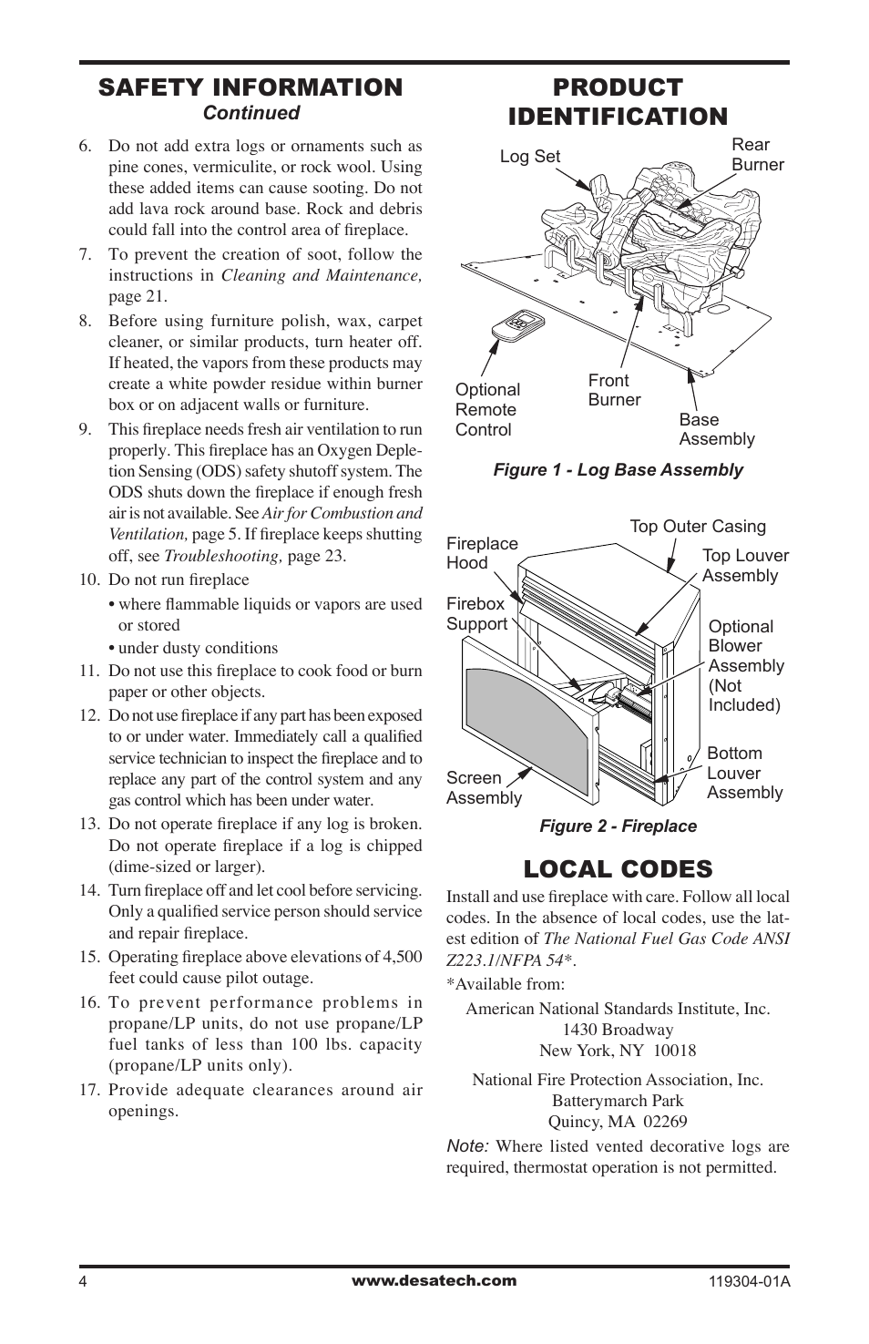 Product identification, Safety information, Local codes | Desa VSGF33NRC User Manual | Page 4 / 36