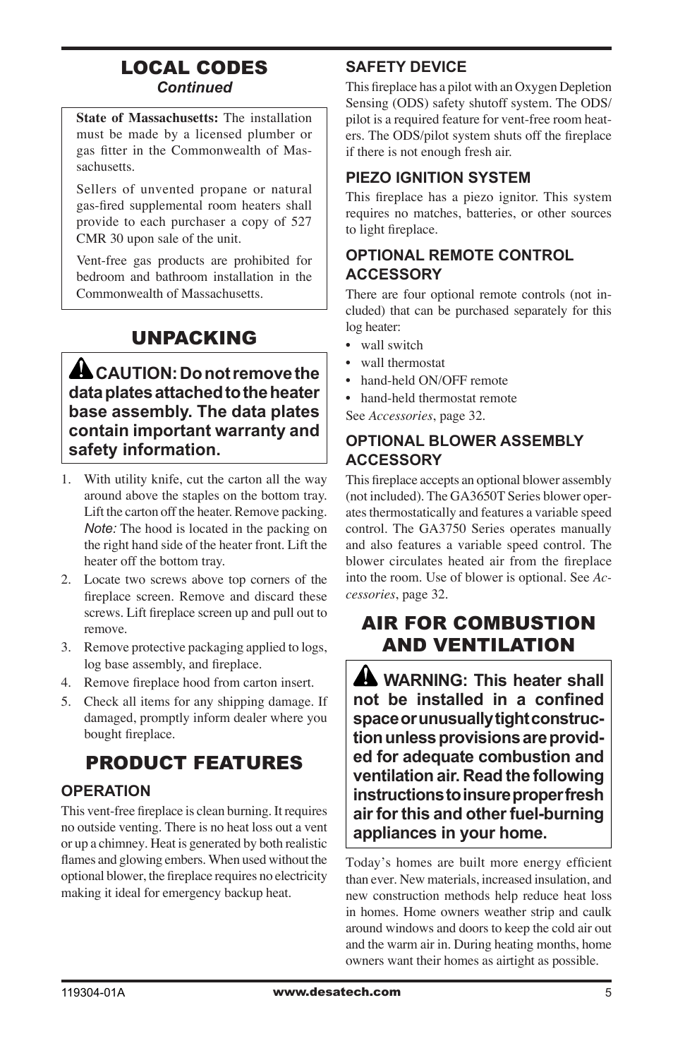 Local codes, Unpacking, Product features | Air for combustion and ventilation | Desa VSGF33NRC User Manual | Page 5 / 36
