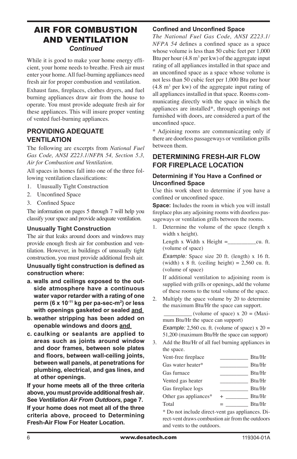 Air for combustion and ventilation | Desa VSGF33NRC User Manual | Page 6 / 36
