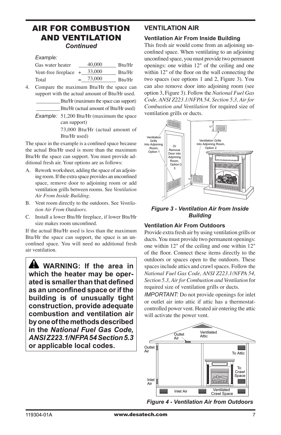 Air for combustion and ventilation, Continued, Ventilation air | Desa VSGF33NRC User Manual | Page 7 / 36