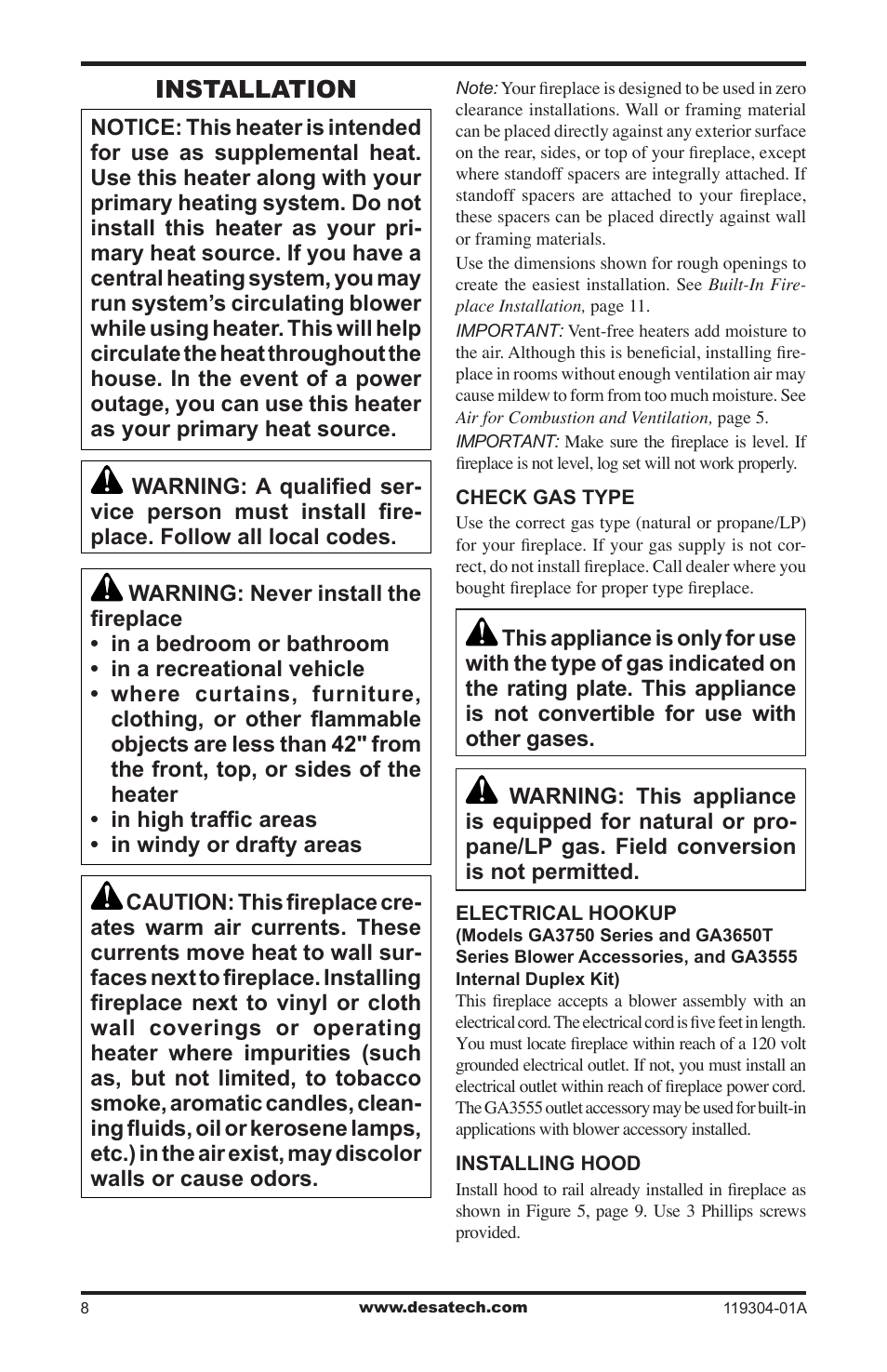 Installation | Desa VSGF33NRC User Manual | Page 8 / 36