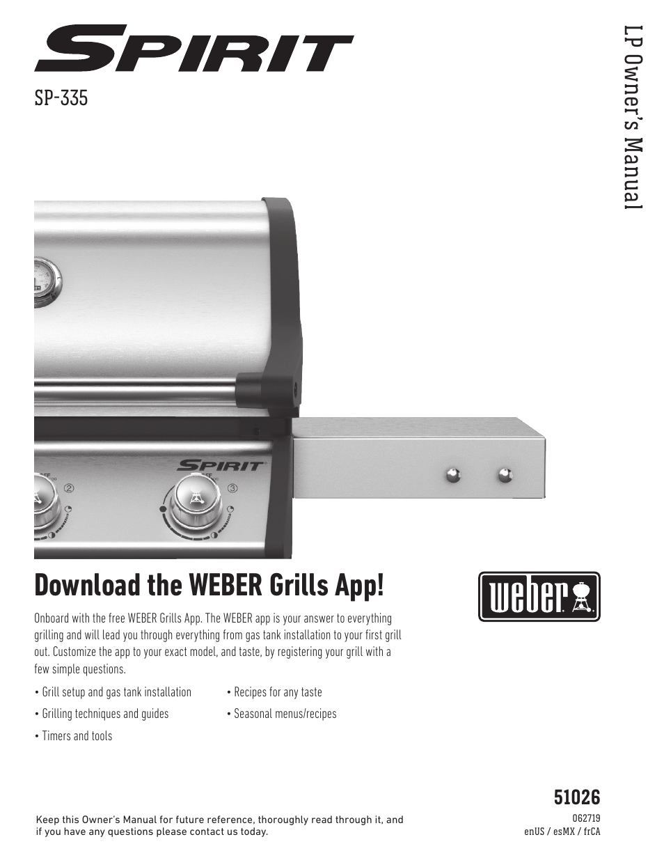 weber Spirit Spirit SP-335 Freestanding Gas Grill User Guide User Manual | 68 pages