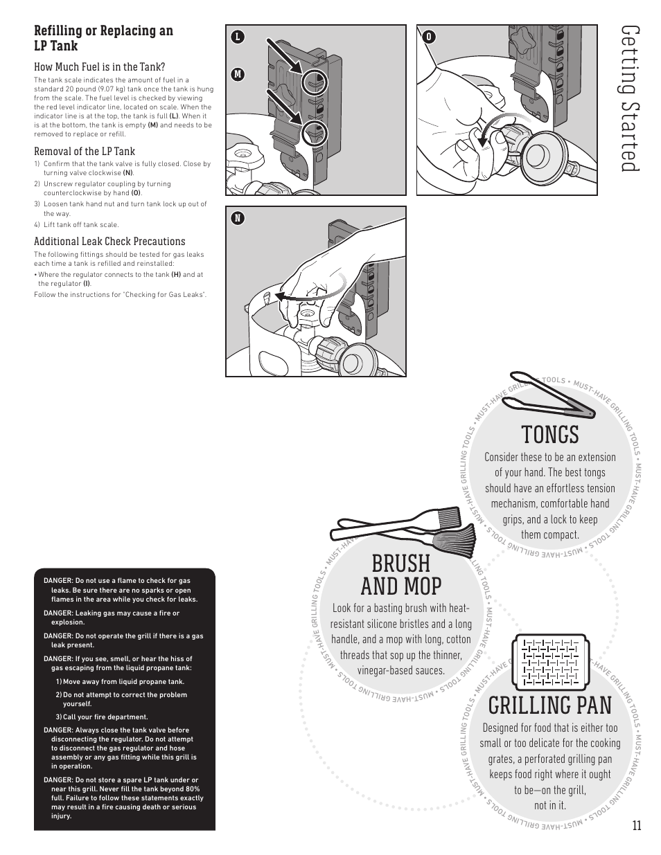 Ge ttin g s tar te d, Grilling pan, Tongs | Brush and mop, Refilling or replacing an lp tank, How much fuel is in the tank, Removal of the lp tank, Additional leak check precautions | weber Spirit Spirit SP-335 Freestanding Gas Grill User Guide User Manual | Page 11 / 68