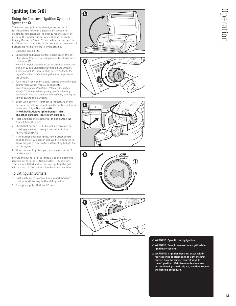 Op er at ion, Igniting the grill | weber Spirit Spirit SP-335 Freestanding Gas Grill User Guide User Manual | Page 13 / 68