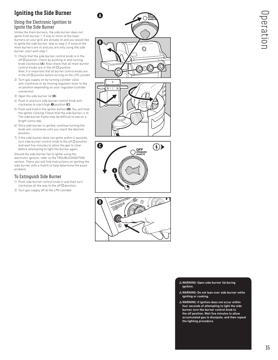 Op er at ion, Igniting the side burner | weber Spirit Spirit SP-335 Freestanding Gas Grill User Guide User Manual | Page 15 / 68