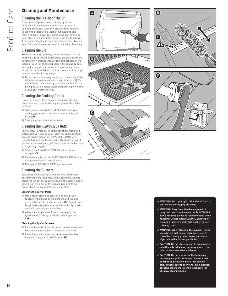 Pr od uc t c ar e, Cleaning and maintenance, Cleaning the inside of the grill | Cleaning the lid, Cleaning the cooking grates, Cleaning the flavorizer bars, Cleaning the burners | weber Spirit Spirit SP-335 Freestanding Gas Grill User Guide User Manual | Page 16 / 68
