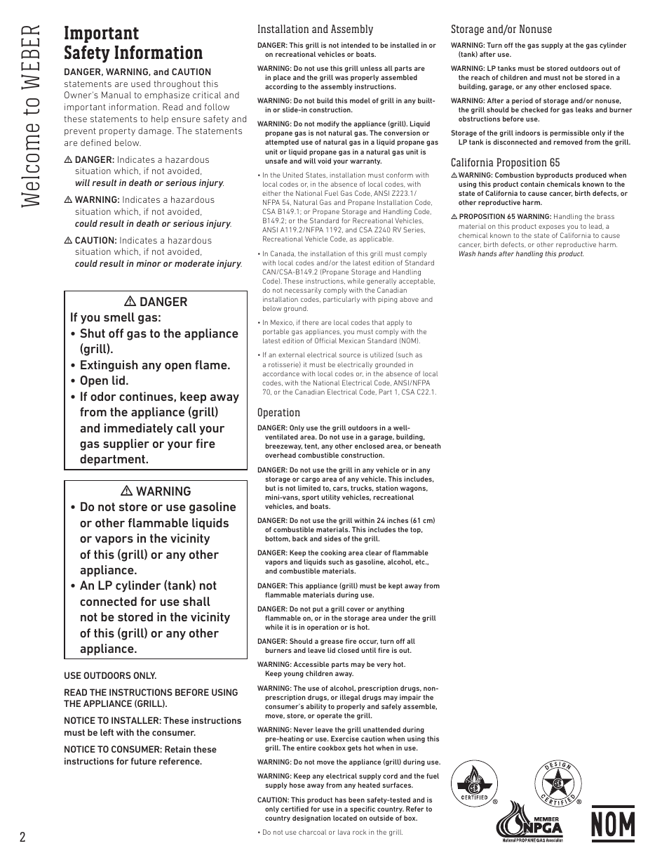 Important safety information | weber Spirit Spirit SP-335 Freestanding Gas Grill User Guide User Manual | Page 2 / 68