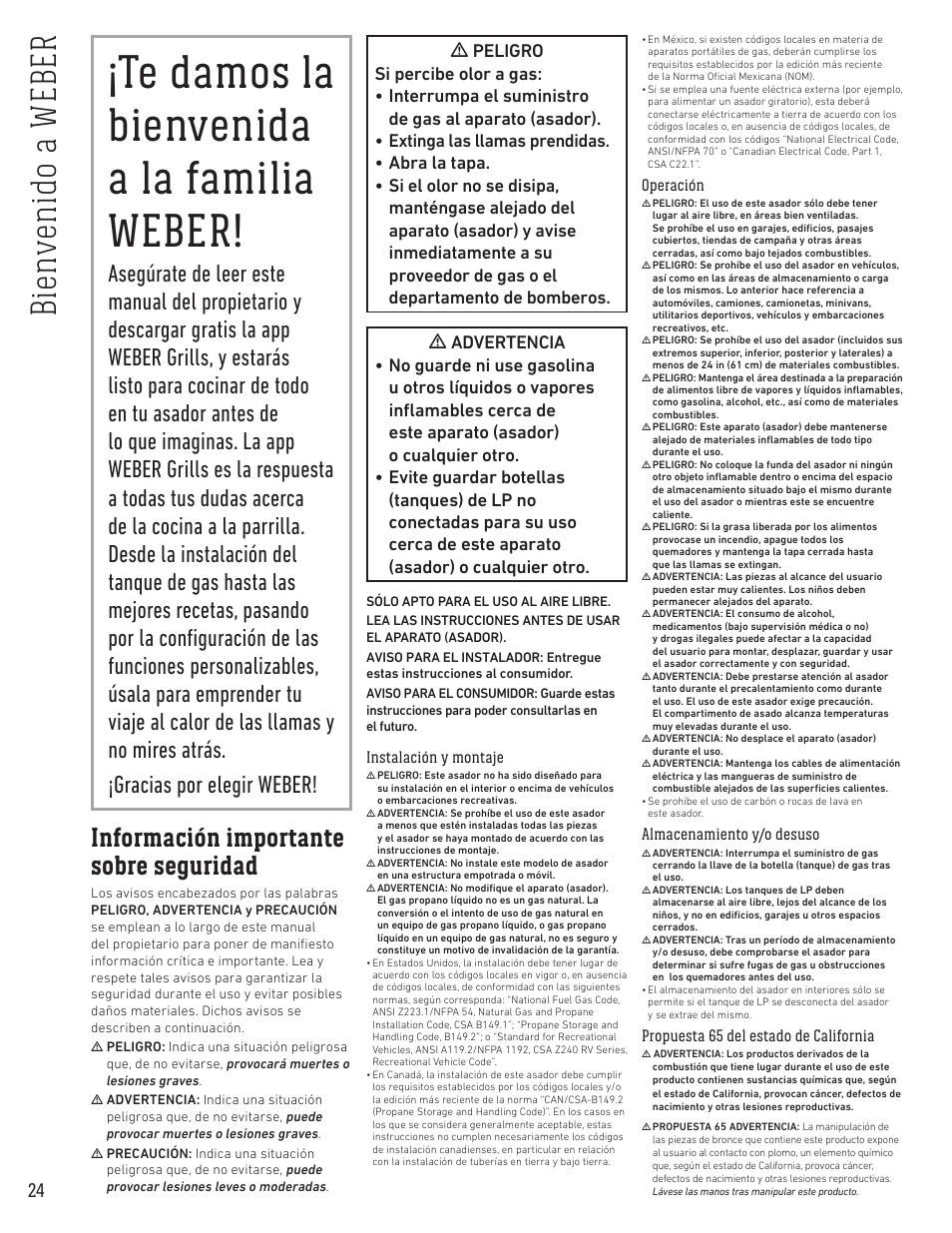 Te damos la bienvenida a la familia weber, Bi en ve ni do a w eb er, Información importante sobre seguridad | Instalación y montaje, Operación, Almacenamiento y/o desuso, Propuesta 65 del estado de california | weber Spirit Spirit SP-335 Freestanding Gas Grill User Guide User Manual | Page 24 / 68