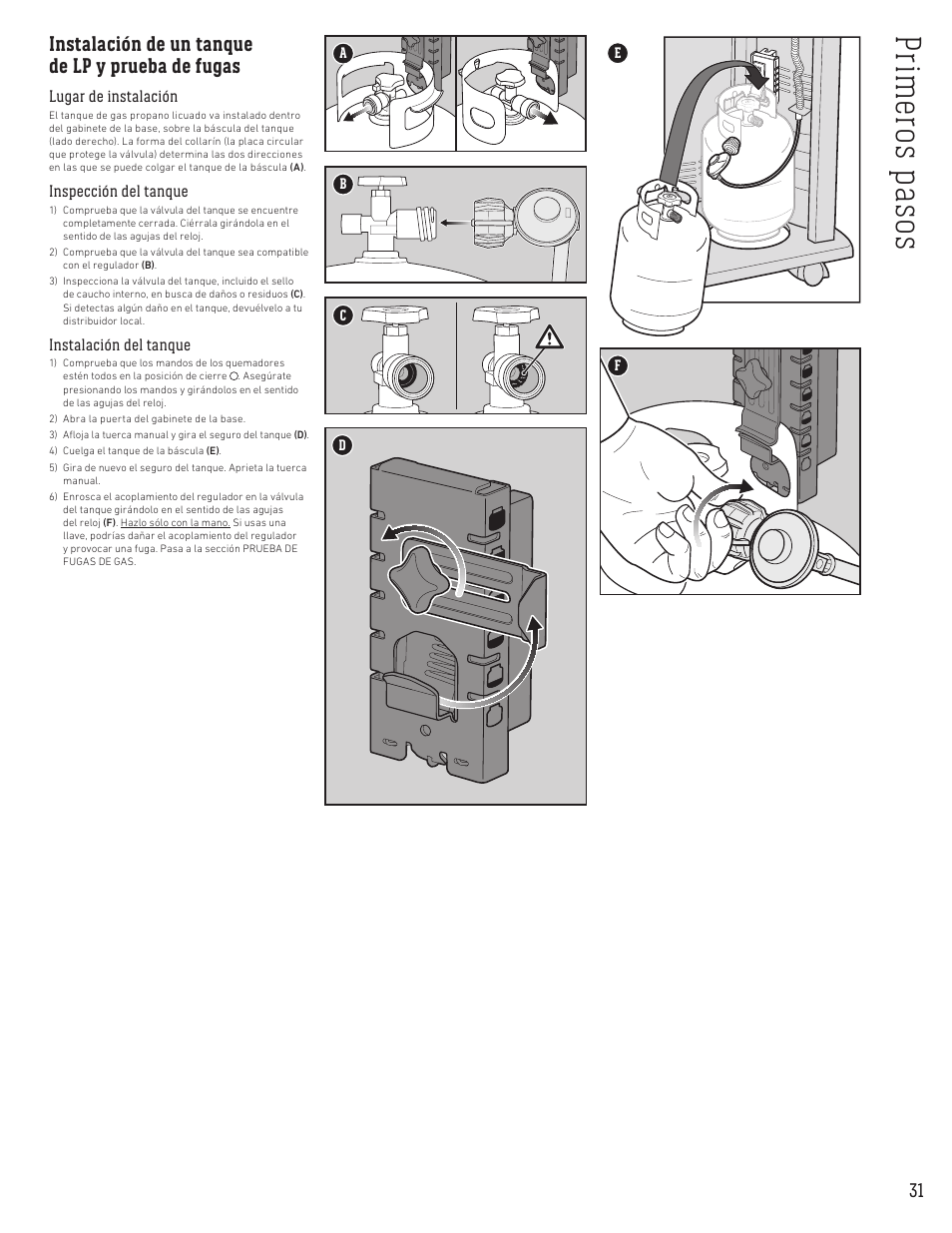 Pr im ero s p as os, Instalación de un tanque de lp y prueba de fugas | weber Spirit Spirit SP-335 Freestanding Gas Grill User Guide User Manual | Page 31 / 68