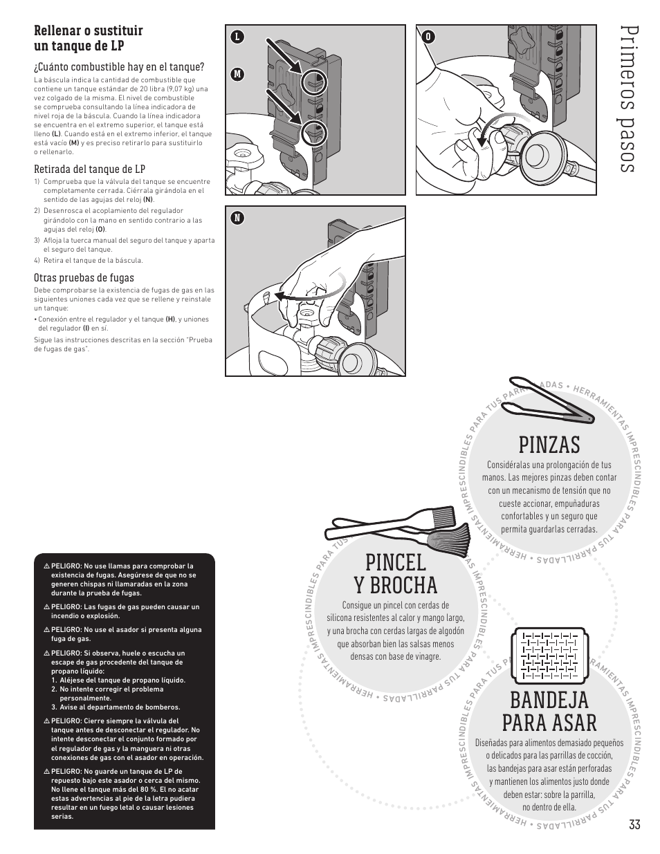 Pr im ero s p as os, Pincel y brocha, Bandeja para asar | Pinzas, Rellenar o sustituir un tanque de lp, Cuánto combustible hay en el tanque, Retirada del tanque de lp, Otras pruebas de fugas | weber Spirit Spirit SP-335 Freestanding Gas Grill User Guide User Manual | Page 33 / 68