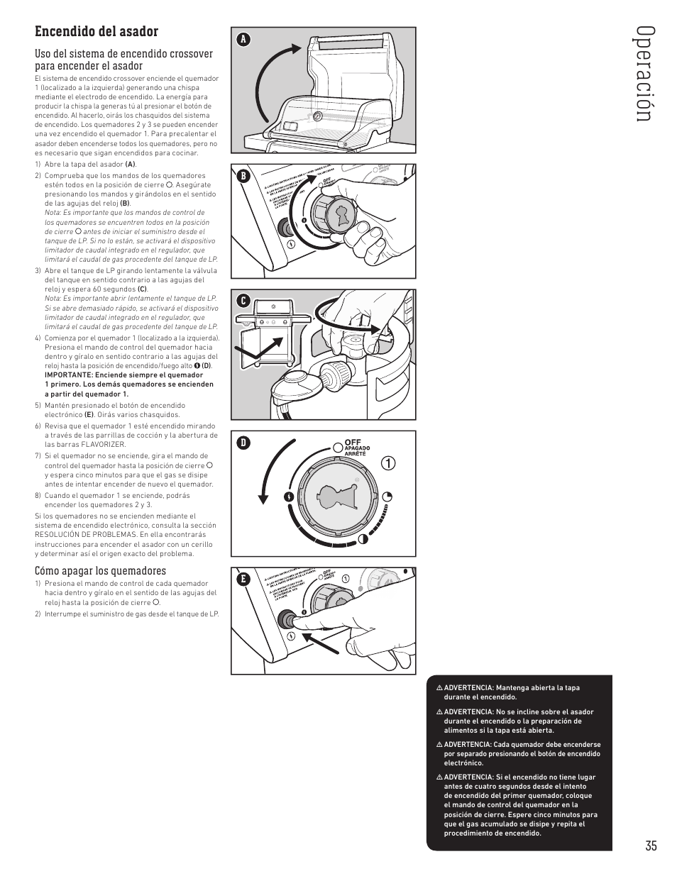 Op er ac ión, Encendido del asador, Cómo apagar los quemadores | weber Spirit Spirit SP-335 Freestanding Gas Grill User Guide User Manual | Page 35 / 68