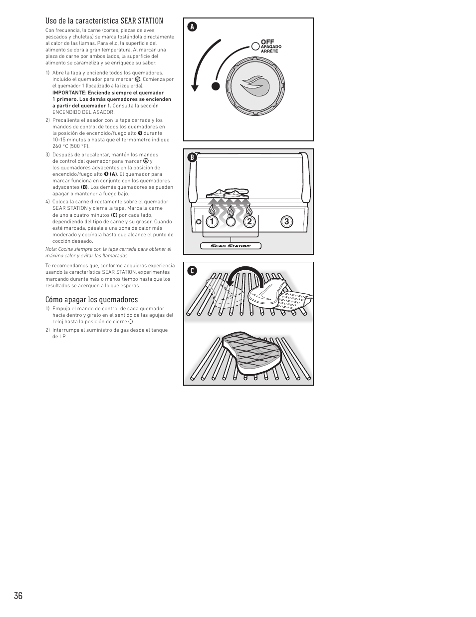 Uso de la característica sear station, Cómo apagar los quemadores | weber Spirit Spirit SP-335 Freestanding Gas Grill User Guide User Manual | Page 36 / 68
